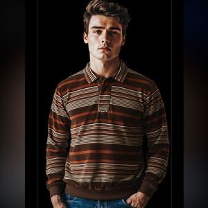 JANTZEN 1960’s Classic Striped Velour Sweater in Brown Tones Size Large